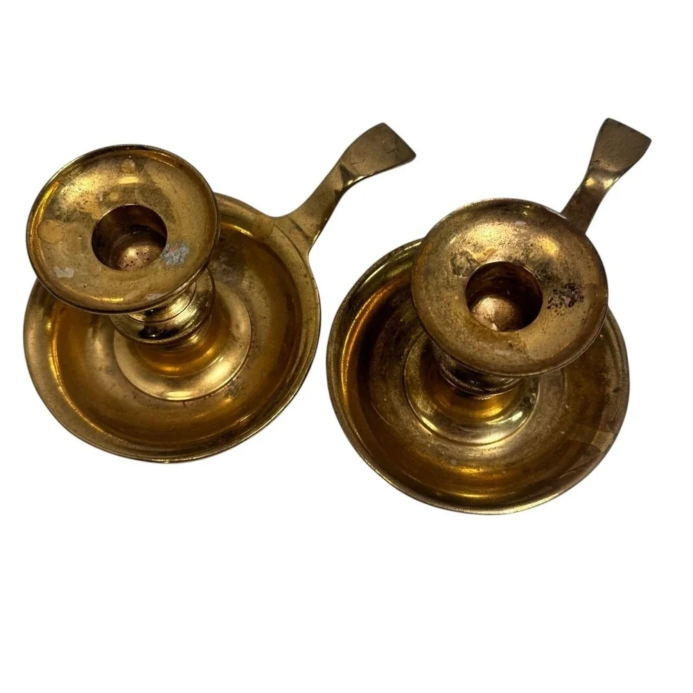 Brass Chamberstick Taper Candle Holders with Finger Loops Set of 2 vintage